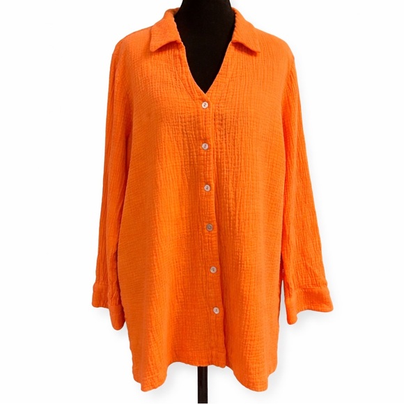 Soft Surroundings Vibrant Orange Button-Down Shirt L - Picture 1 of 6